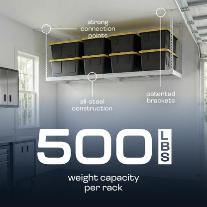 MonsterRax Overhead Garage Storage Racks 3x8’ (2-Pack) Ceiling Mounted Shelving, Adjustable Hanging Organizer, Heavy Duty Steel, Holds 500 Pounds, Color: White, Adjustable from 24"-45" off the Ceiling