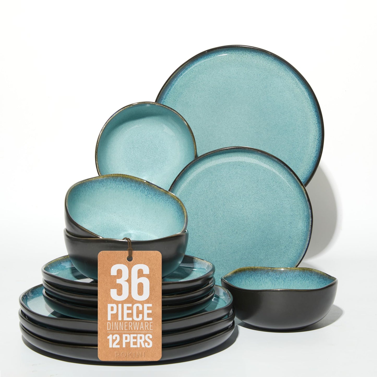 Pokini Extra Large Dinnerware Set for 12, 36 Pieces Ceramic Plates and Bowls Set, Kitchen Dish Set, Microwave & Dishwasher Safe Dishware, Ocean-Inspired Stoneware for Big Gatherings, Green Black