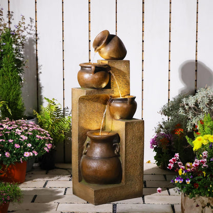 Bumilgar 53" H Large Outdoor Water Fountain with Lights - 4 Tiered Cascading Bowls Waterfall Fountain for Garden, Patio, Backyard, Porch Inside - Freestanding Outdoor Water Feature Gold
