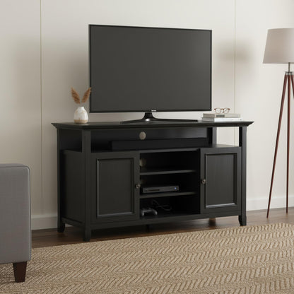 SIMPLIHOME Amherst TV Stand - 54 inch Wide Solid Wood Media Console in Deep Black, Transitional Entertainment Center for Living Room for TVs up to 60 Inches with Shelves and Cable Management