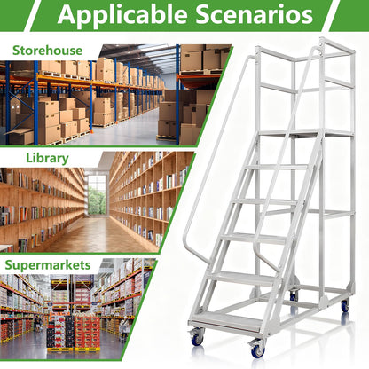 6 Steps Rolling Ladder, Mobile Platform Ladders with Handrails, Industrial & Warehouse Non-Slip Stair Ladder, Heavy Duty Step Ladders for Home Library Outdoor, 1100lbs Capacity