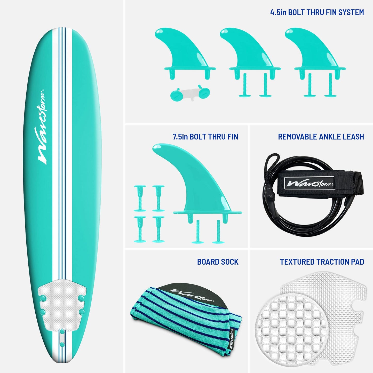 WAVESTORM 8ft Premium Classic Longboard Surfboard (Retro Turquoise)