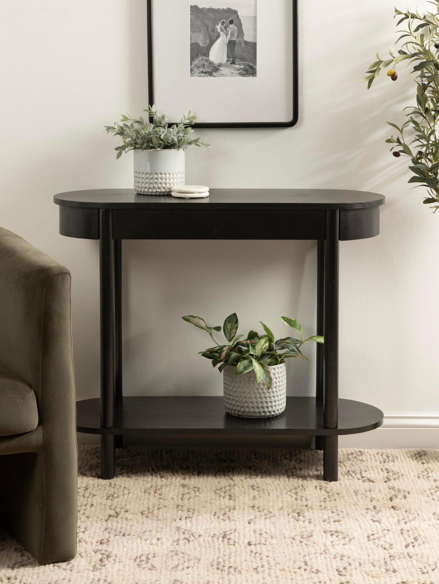 Kate and Laurel Koji Modern Tiered Rectangular Console Table; 36 x 14 x 30; Black; Transitional Two-Tier Wood Capsule Entryway Table with Storage for Use as Living Room Behind Couch Decor
