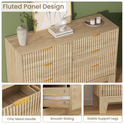 IDEALHOUSE 6 Drawer Dresser for Bedroom, 47" Wide Modern Fluted Dresser with Gold Metal Handles, Chest of Drawers for Bedroom, Living Room, Entryway, Hallway, Oak