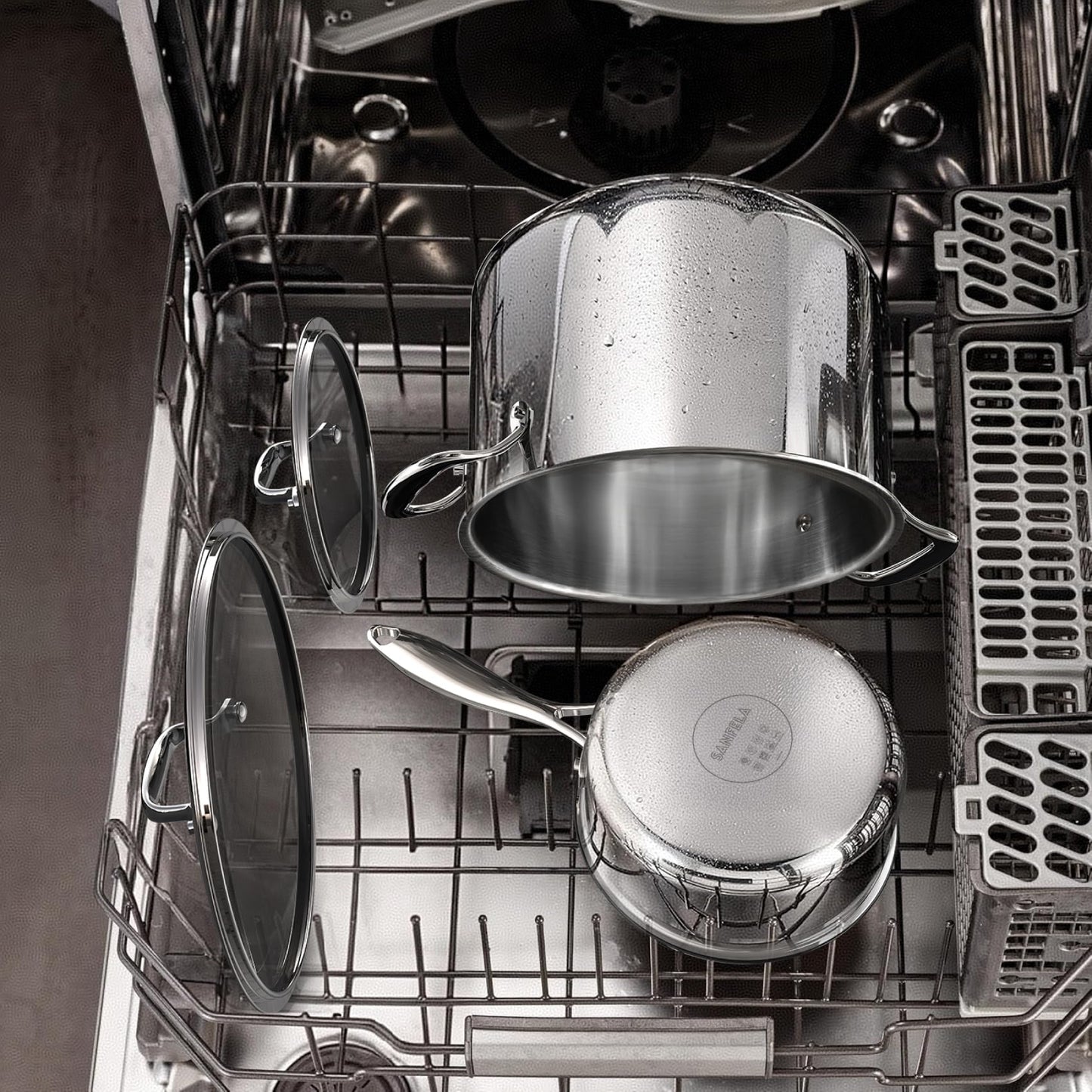 SANFELA 1.3 Quart Stainless Steel Saucepan with Glass Lid, 5 Ply Stainless Clad Construction, Suitable for All Cooktops, PTFE, PFAS and PFOA Free