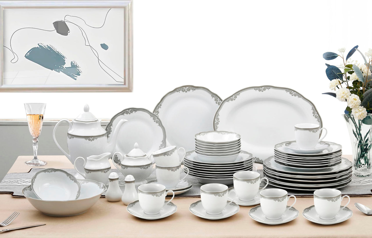 Stylish and Elegant 57 Pieces Porcelain Dinnerware Set Service for 8 People for Hosting Parties and Events - Wavy Edge, Silver Trim