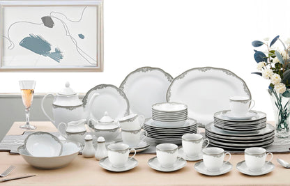 Stylish and Elegant 57 Pieces Porcelain Dinnerware Set Service for 8 People for Hosting Parties and Events - Wavy Edge, Silver Trim