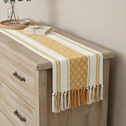 14 90 Inches, Boho Table Runner with Tassels x Yellow & Cream | Woven Washable Console Table / Dresser Runner
