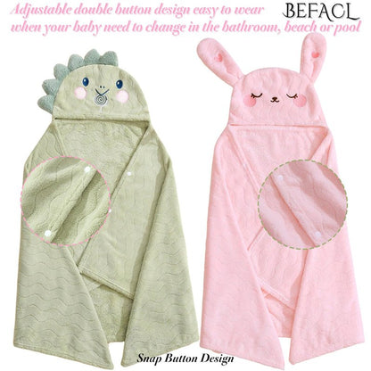 BEFACL Hooded Towel for Kids, 2 Pack Ultra Soft Coral Fleece Kids Bath Towels, Absorbent Toddler Towels with Hood Age 0-10 Years for Infant, Kids - Large 27.5 X 55 inch (Pink Rabbit & Green Dinosaur)