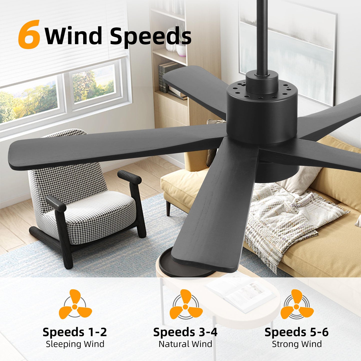 WINGBO 48 Inch DC Ceiling Fan with Lights and Remote Control, 5 Carved Solid Wood Blades, 6-Speed Noiseless Reversible DC Motor, Indoor Ceiling Fan in Matte Black Finish with Black Blades