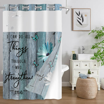 AZHM No Hooks Shower Curtain with Snap in Liner Rustic Teal Daisy Flower Inspirational Quotes Curtain for Bathroom Decor See Through Top Window Double Layers, 71x74 inches