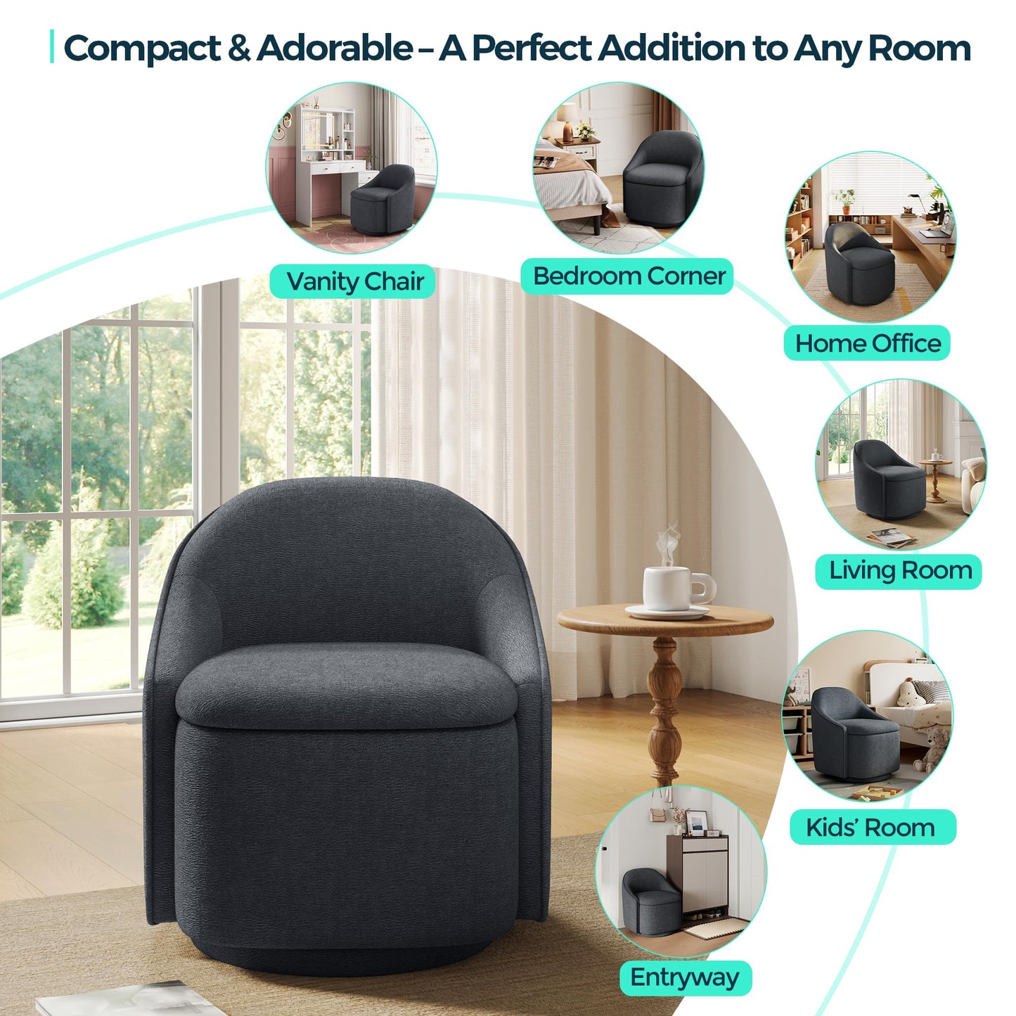 LINSY Swivel Accent Chair Set of 2, Comfy Chenille Barrel Chairs with Storage 360 Swivel Modern Armchair for Living Room Bedroom, Small Boucle Reading Chair for Study Room (Grey)