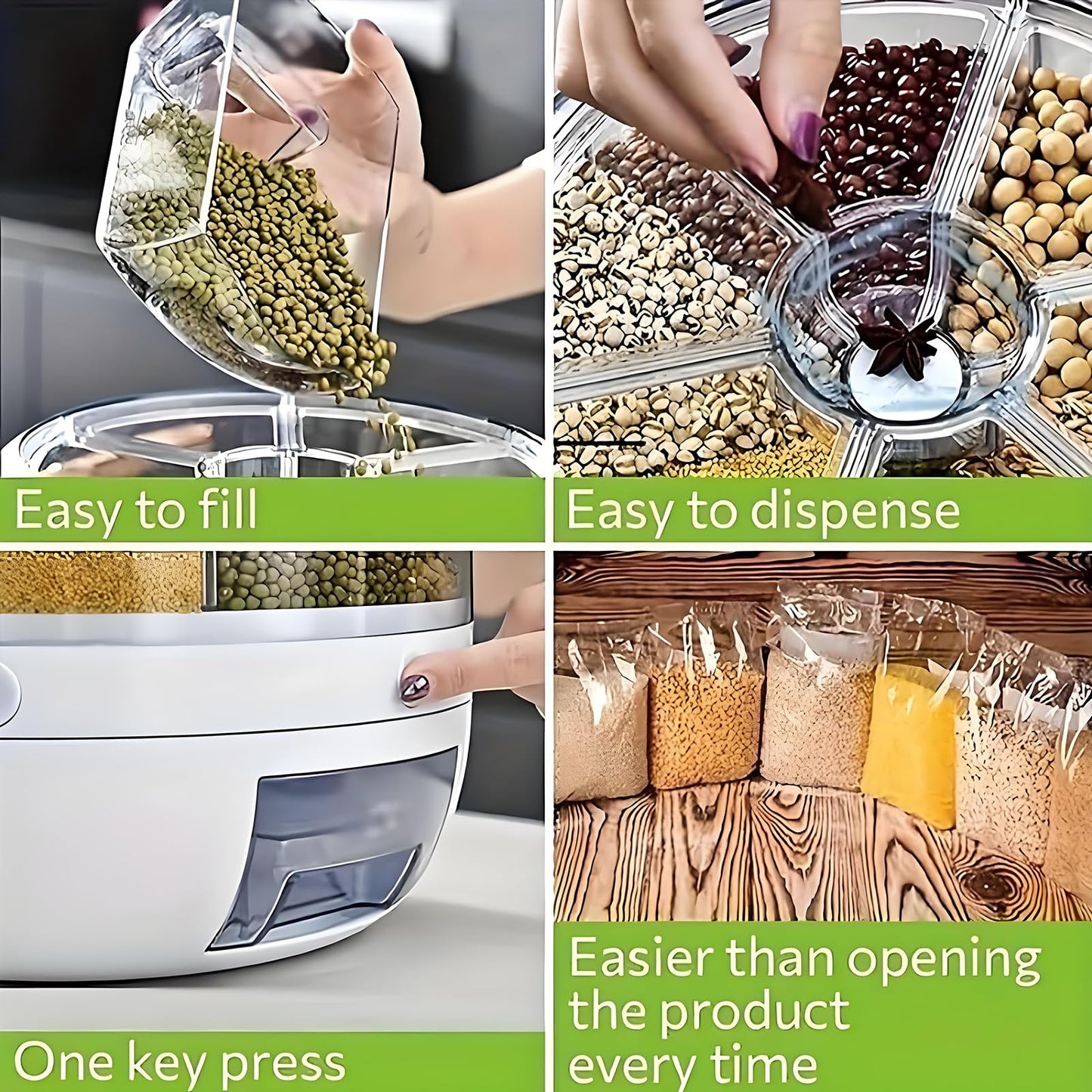 Wnnideo Rotating Grain Storage Bin 6 Grids Rice Container One-Click Output Large Capacity Food Dispenser For Rice Grains Sealed Moisture Proof Organizer (Small)
