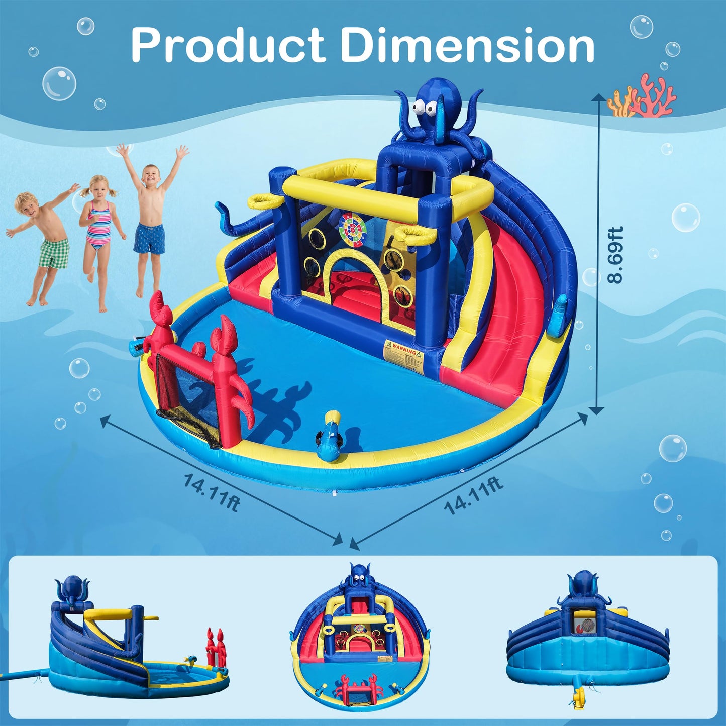 TOAOB Inflatable Water Slide for Kids 3-12: Blow Up Backyard Water Park with 550W Blower- 8 in 1 Octopus-Themed with 2 Slides for Outdoor Birthday Party