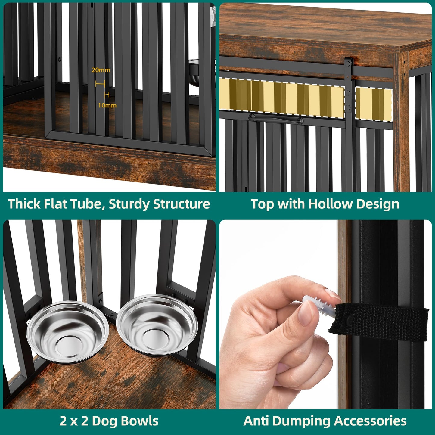YITAHOME 71" Double Dog Crate Furniture with 4 Dog Bowls, Heavy Duty Wooden Dog Crate TV Stand, Dog Kennel Indoor Furniture Sliding Barn Door Design for Extra Large Dogs, Rustic Brown