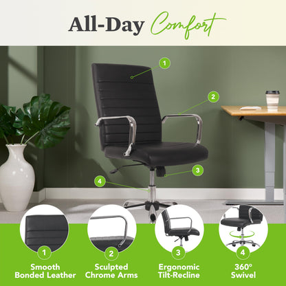HON Sadie Executive Ergonomic Office Chair with Leather Upholstery, Chrome Arms and Back Support, Mid Back Desk and Computer Chair for Home Office or Conference Room, 360 Swivel, Black