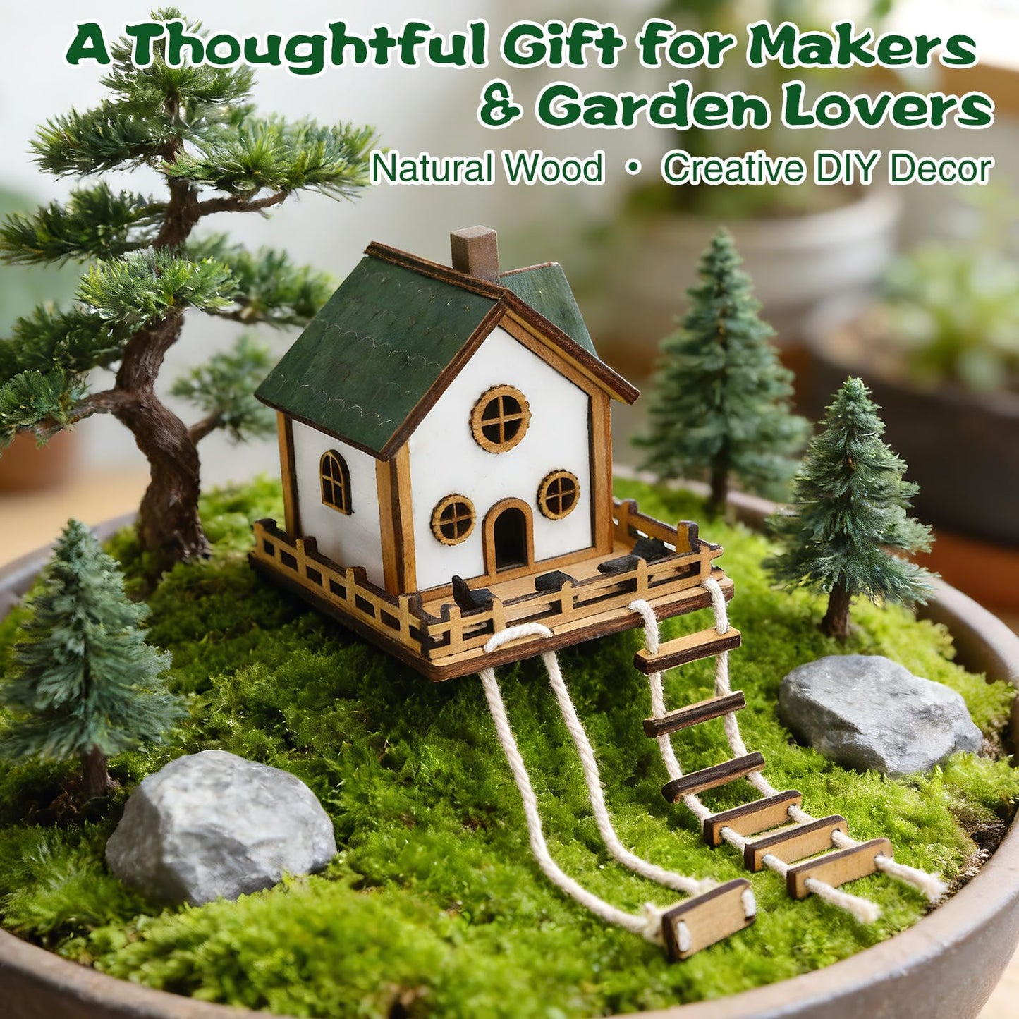 JULEASEL Fairywood Mini Treehouse – Whimsical Wooden Treehouse for Plant Pots, Fairy Gardens & Indoor Greenery, Miniature Treehouse for Desktop Décor