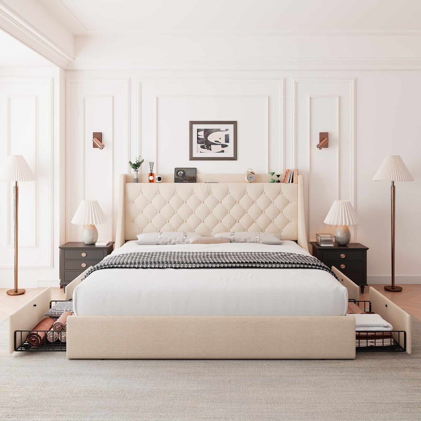 Feonase Upholstered Full Size Bed Frame with 4 Storage Drawers, Charging Station and Tufted Wingback Storage Headboard, No Box Spring Needed, Easy Assembly, Beige