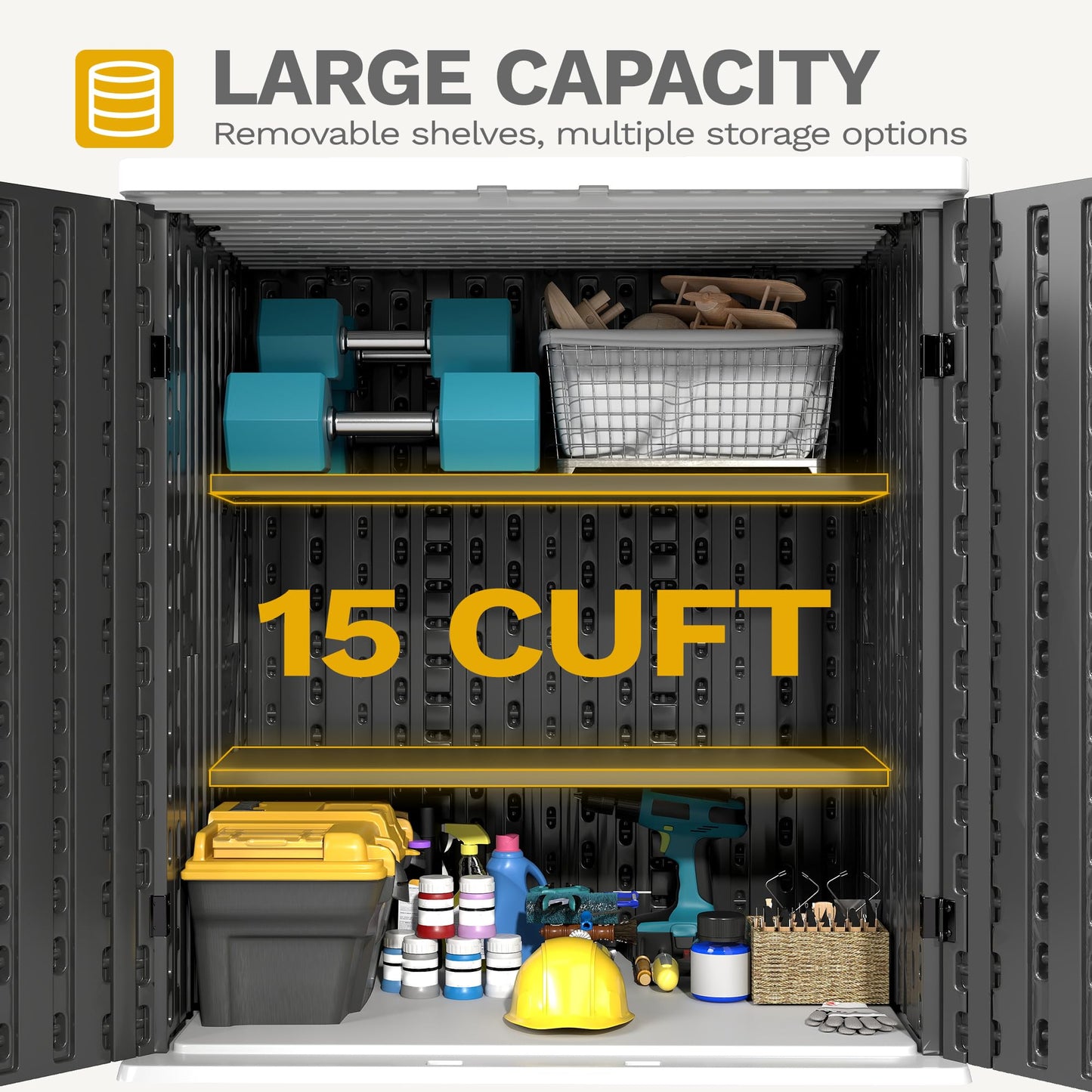 DWVO Outdoor Storage Cabinet with 2 Shelves, Waterproof Horizontal Plastic Storage Shed with Lockable Door, 15 cu. ft. Patio Tools Storage Box for Patio, Garden, Backyard, Deck, Dark Gray
