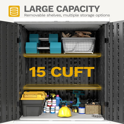 DWVO Outdoor Storage Cabinet with 2 Shelves, Waterproof Horizontal Plastic Storage Shed with Lockable Door, 15 cu. ft. Patio Tools Storage Box for Patio, Garden, Backyard, Deck, Dark Gray