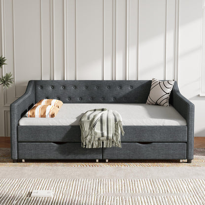 Ball & Cast Full Size Daybed with Two Storage Drawers,Linen Upholstered Day Bed Frame with Button Tufted and Waved Shape Arms, Wood Slat Support,No Box Spring Needed,Dark Grey