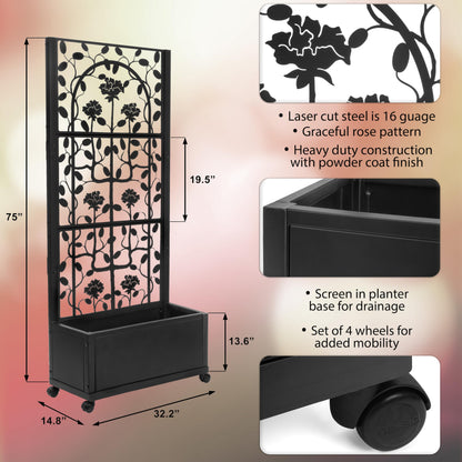 H Potter Black Metal Trellis Planter with Wheels 75” Tall Privacy Screen for Patio Deck Balcony