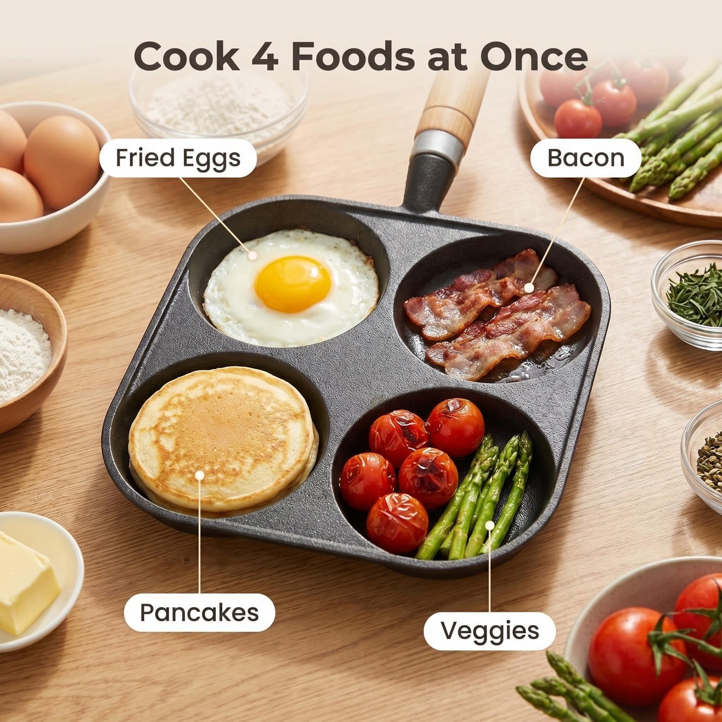 Cast Iron 4-Cup Egg Pan, Small Omelette Pan, Fast Breakfast Pan for Fried Eggs, Pancakes, Sandwich, & Burger, Suitable for Gas Stove and Induction Cooktop, Natural Nonstick with Seasoning, 6.6 inch