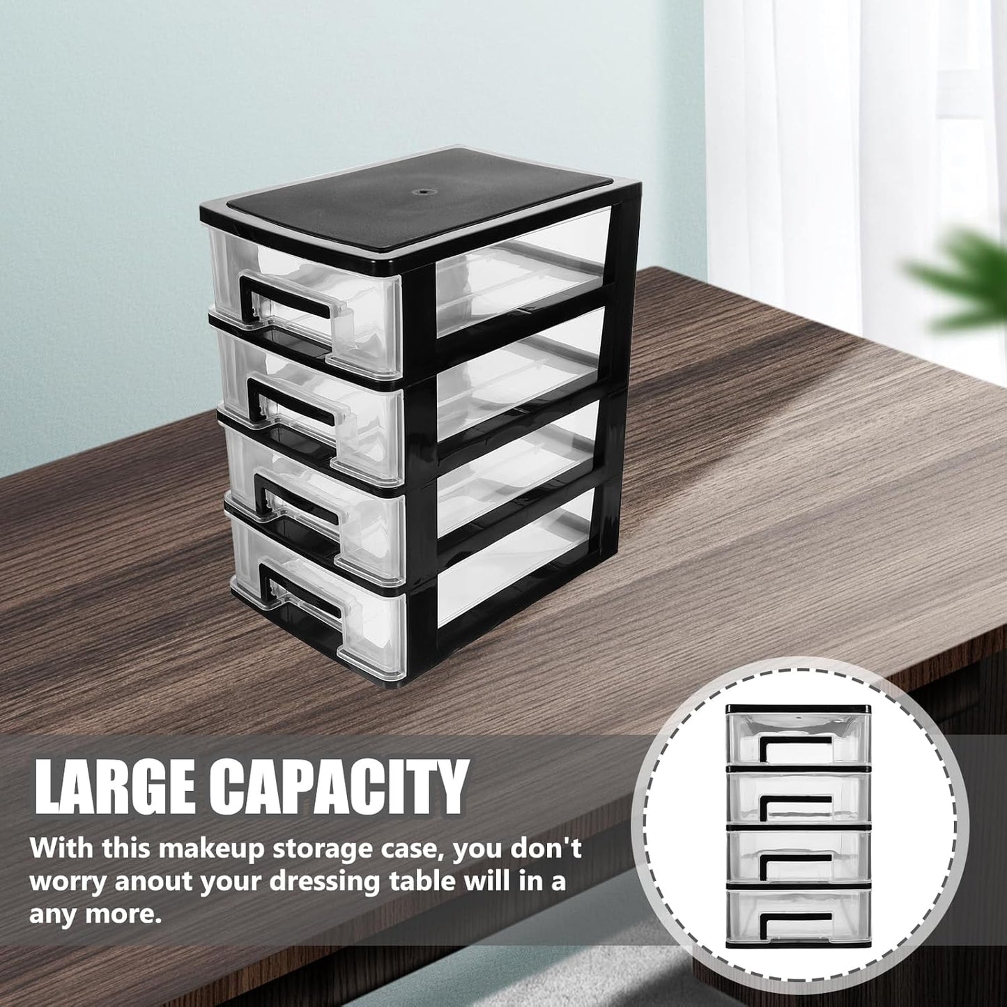 Garneck 4 Portable Drawers Desk Fridge Organizer - Clear Vanity Storage Drawers, Small Drawer Showcase for Crafts, Black