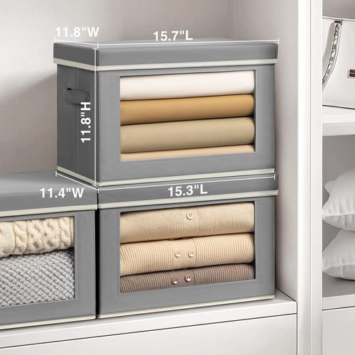 Homsorout Large Storage Bins - Collapsible Fabric Cubes with Lids & Window | 15.7 Inch Grey Baskets, 6 Pack