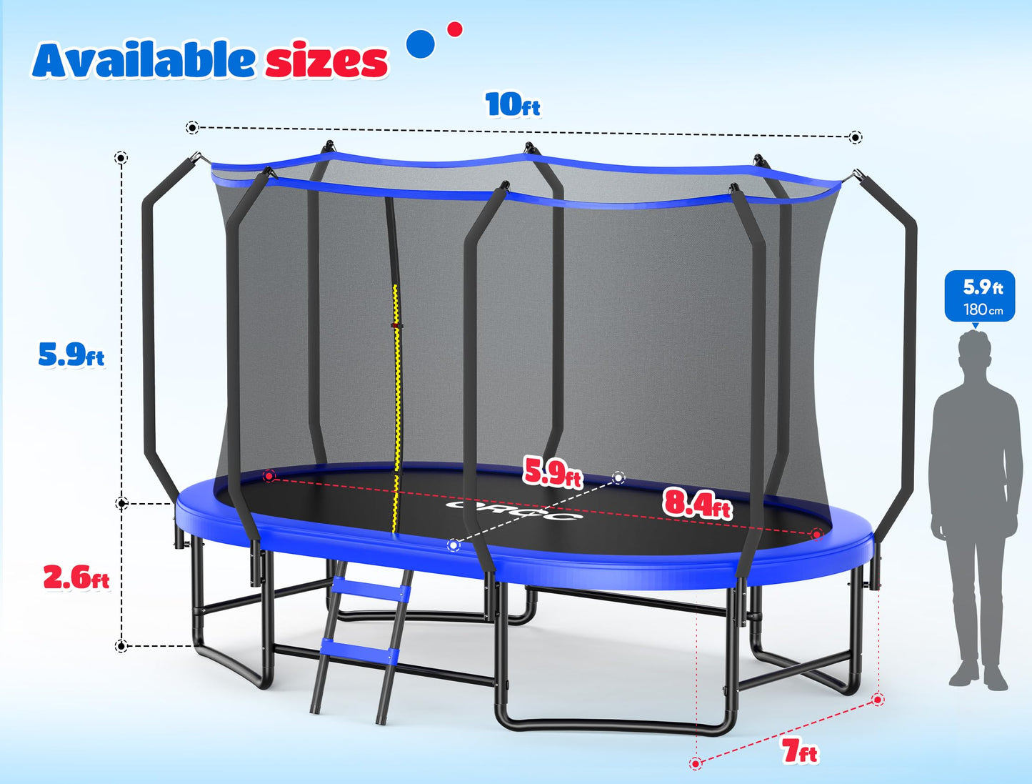ORCC 7x10 FT Oval Outdoor Trampoline with Safety Net - Recreational Gymnastics Trampoline for Kids, 1200LBS Capacity, Heavy-Duty Galvanized Steel Frame Yard Trampolines