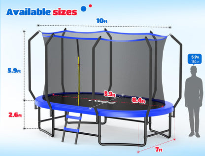 ORCC 7x10 FT Oval Outdoor Trampoline with Safety Net - Recreational Gymnastics Trampoline for Kids, 1200LBS Capacity, Heavy-Duty Galvanized Steel Frame Yard Trampolines