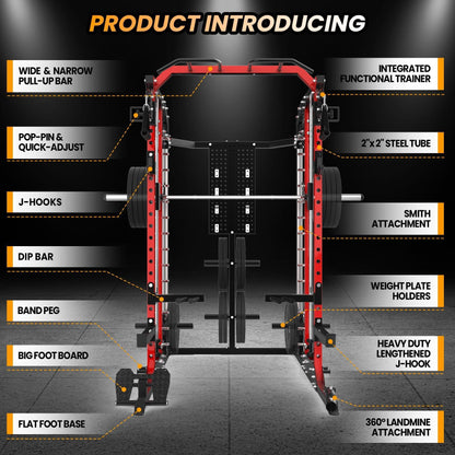 Patikuin Heavy-Duty Power Cage Smith Machine – Multi-Functional Comprehensive Home Gym Rack with Cable Crossover, Dual Pulley, LAT Pulldown, Dip Bars, Tricep Rope – Space-Saving, Black-Red