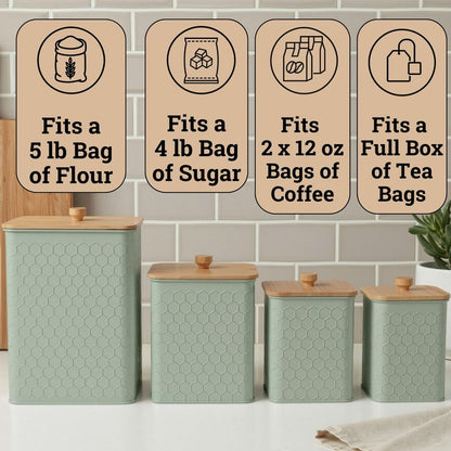 Kitchen Canisters for Countertop Set of 4 - Textured Iron Kitchen Canisters with Airtight Lids - Flour Sugar Canister Set - Flour and Sugar Containers Farmhouse - Coffee Jar for Counter - Green Jar x4