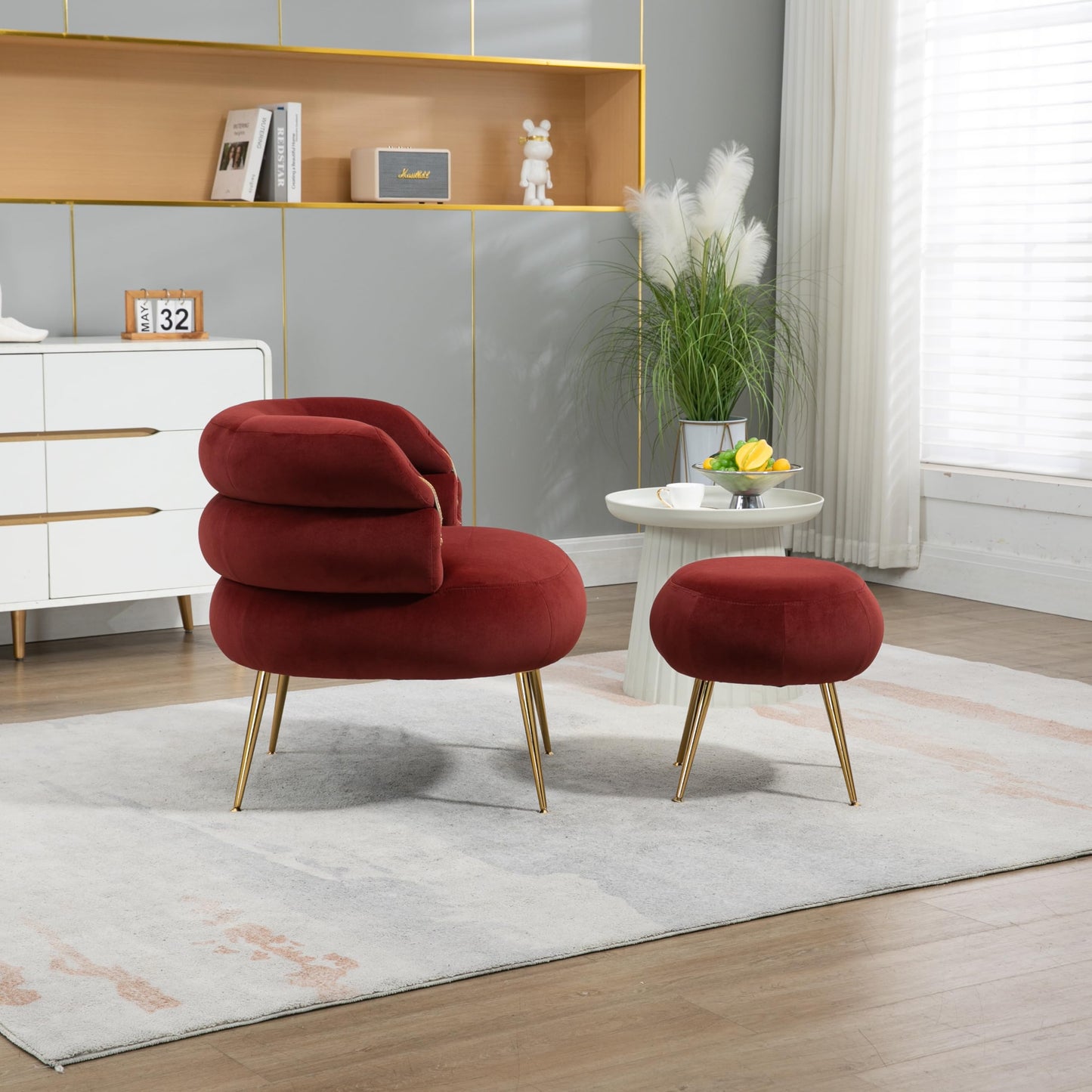 Upholstered Velvet Barrel Accent Chair with Ottoman,Accent Comfy Lounge Arm Chair and Footrest Stool Set,Single Sofa Armchair with Lounge Seat for Bedroom,Office (Wine Red)