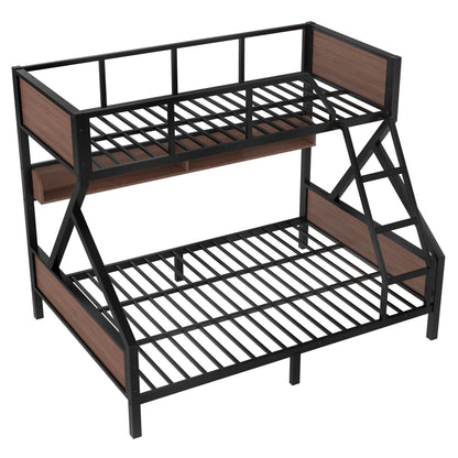 Bellemave Twin XL Over Queen Size Bunk Bed with Storage Shelves and LED Lights,Heavy Duty Adult Bunk Beds with Angled Ladder,Metal Queen Bunk Bed,Black