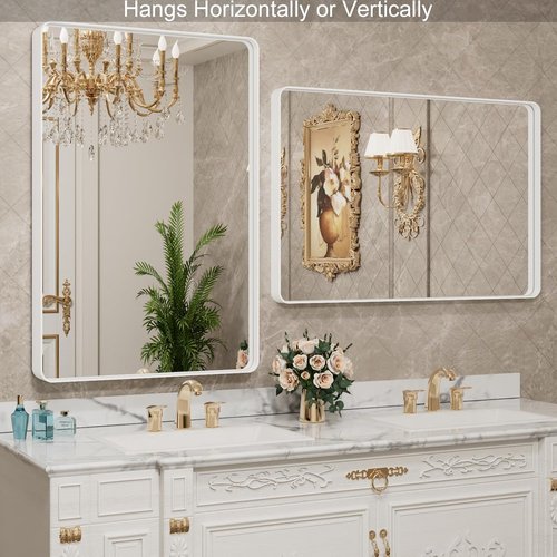 LOAAO Bathroom Mirror - 28x36 Inch White Metal Framed | Large Rounded Rectangle, Anti-Rust, Versatile Hanging