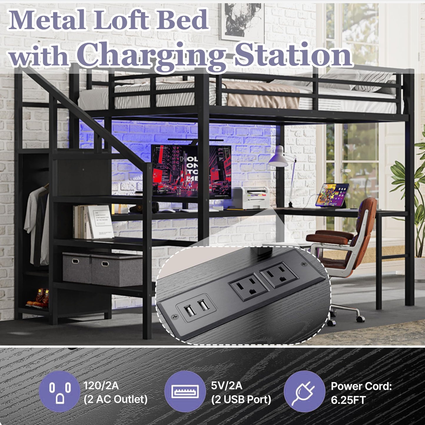 Bellemave Queen Loft Bed with Desk & Wardrobe, Heavy Duty Metal Loft Beds Frame with Storage Stairs, LED Loft Bed Queen Size with Charging Station & Safety Guardrails, No Box Spring Needed, Black