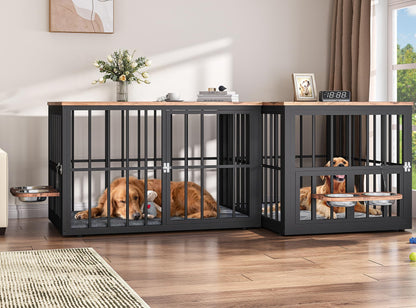 88.6" Large Dog Crate Furniture, Wooden Dog Kennel with Bowls & 3 Doors, Double Crate Furniture TV Stand for Medium Large Dogs, Brown