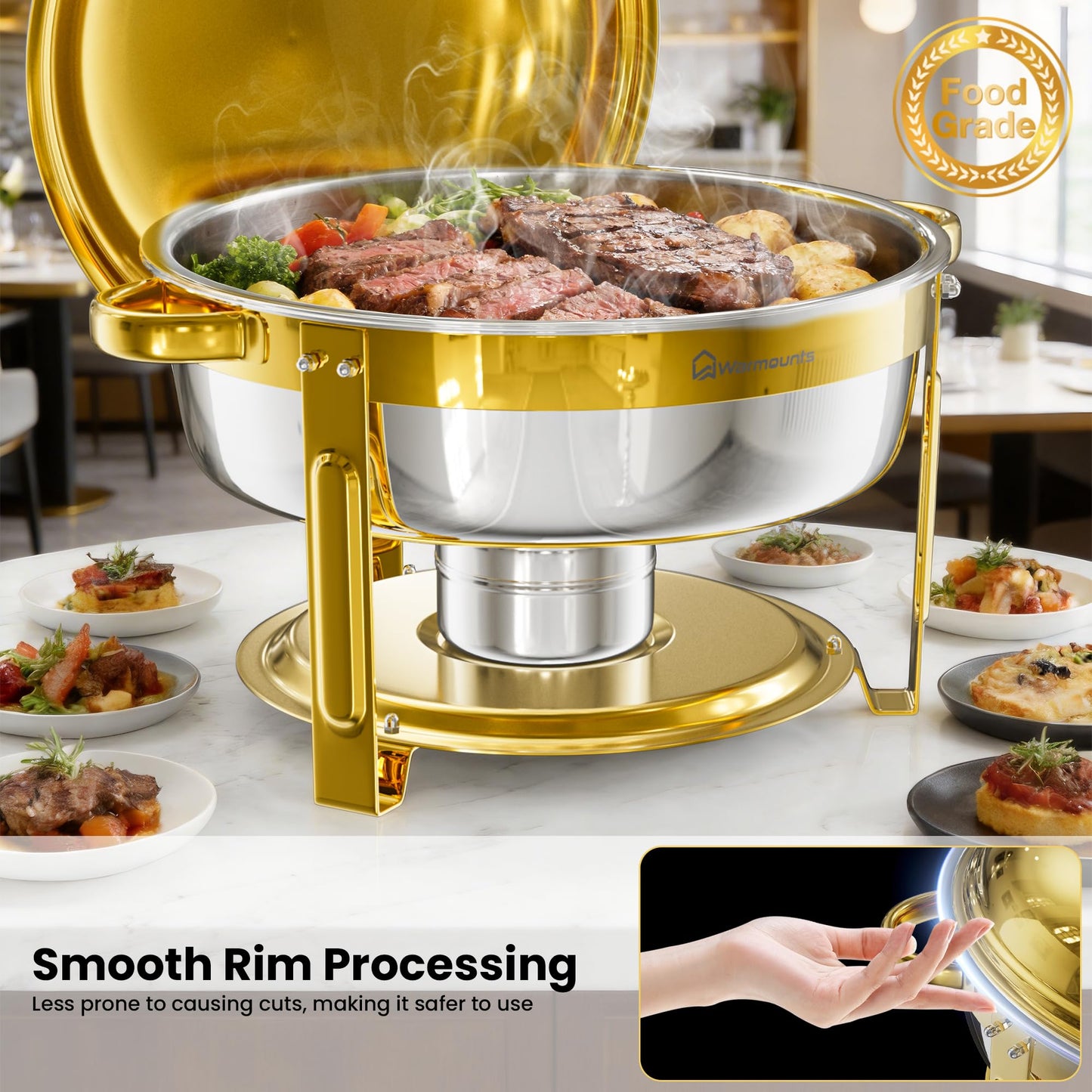 WARMOUNTS 6.5QT Gold Chafing Dishes for Buffet 6 Pack, Stainless Steel Round Chafers and Buffet Warmers Sets with Lid Holder, Rolled Rim Process, Stackable Design, for Catering, Parties, Weddings