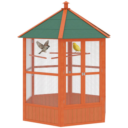 PawHut 69" Large Wooden Hexagonal Outdoor Aviary Flight Bird Cage with Covered Roof, Brown