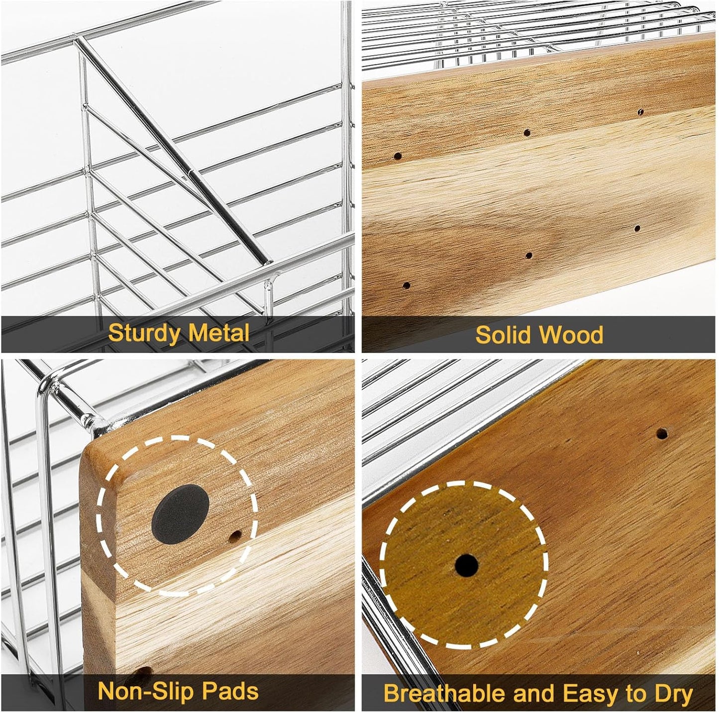 Utensil Holder for Kitchen Counter, Metal Rack for Cooking Tools Storage, Sturdy Base with Drainage Hole (Chrome Wooden)