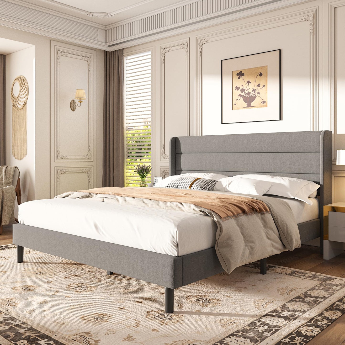 Mxhtcewz King Size Upholstered Platform Bed Frame, Modern Linen Fabric Bed with Wingback Headboard, Sturdy No Wobble, Noise-Free & Easy Assembly, No Box Spring Needed, Gray