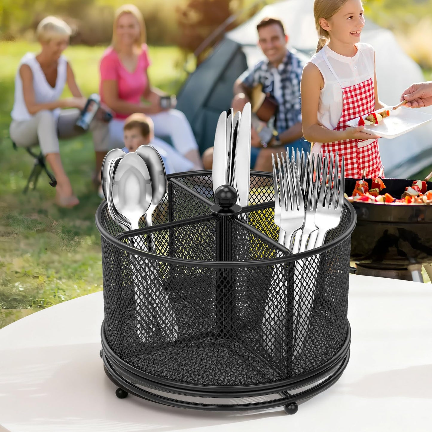 Fylsyd 360° Rotating Metal Utensil Caddy, 4 Compartment Silverware Cutlery Holder, Effortless Access Fork Spoon, Silverware Holder for Party Countertop Buffet Picnic Camping Outdoor (Black)