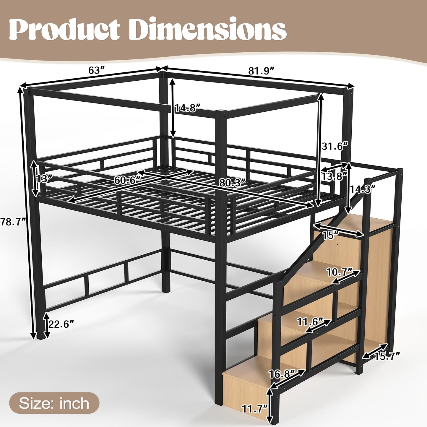 KEIKI Queen Size Metal Loft Bed Frame with with Canopy Frame & Storage Staircase & Wardrobe, Modern Loft Bed with Solid Slats & Guardrail, No Box Spring Required, Easy Assembly, for Bedroom, Black