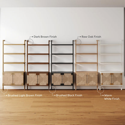 Nathan James Beacon 3-Shelf Solid Wood Bookshelf with Storage Cabinet, Bohemian Wall Mounted Shelf with Seagrass Door Fronts, Set of 2
