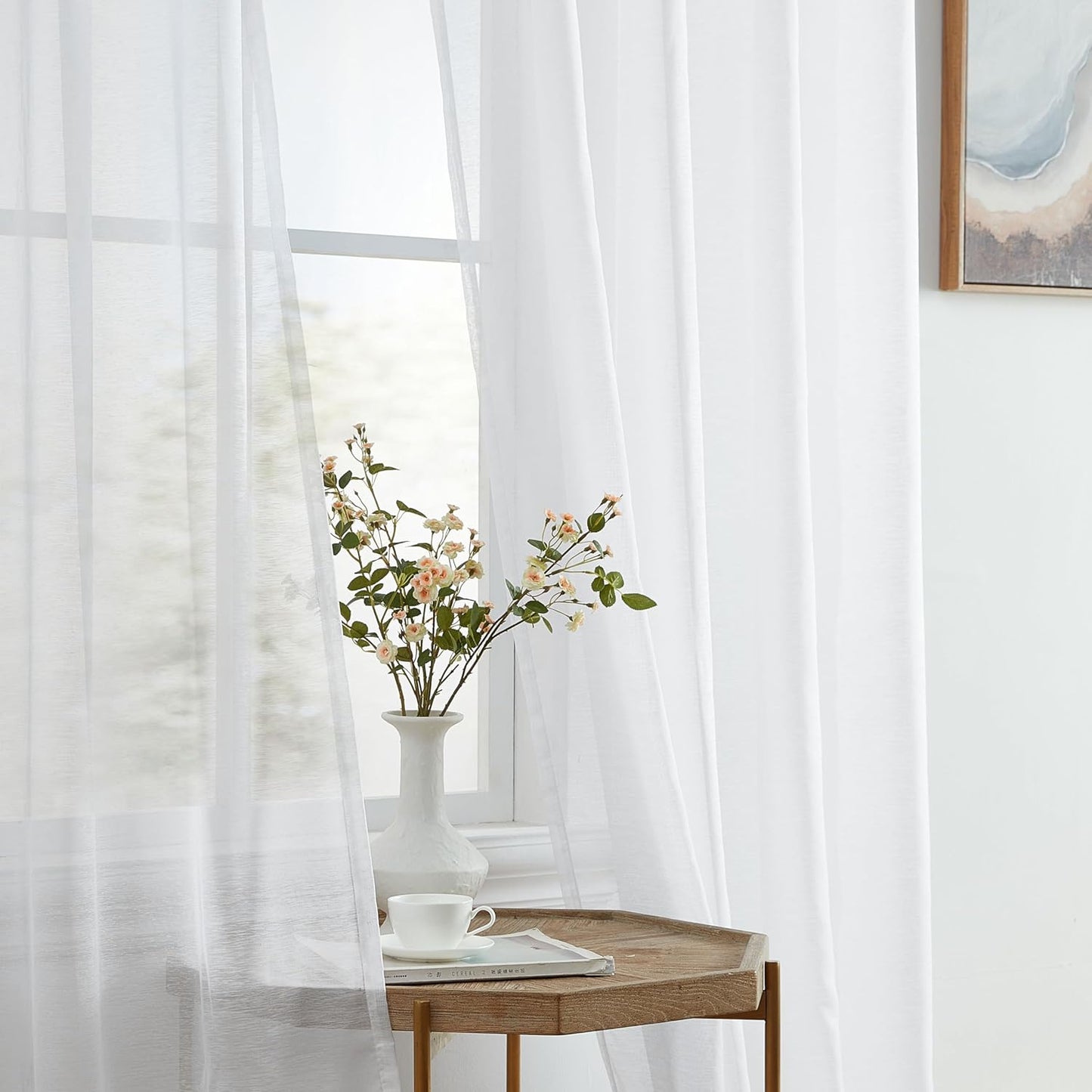HLC.ME Sheer White Curtains, 2 Panels Semi Sheer Voile Window Drapes, 54" W x 95" L