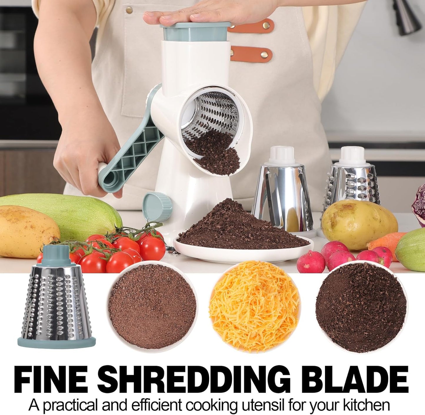 GORCI 3 Cheese Grater Cheese Shredder with Interchangeable Blades, Rotary Cheese Grater Manual Vegetable Slicer
