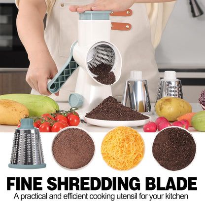 GORCI 3 Cheese Grater Cheese Shredder with Interchangeable Blades, Rotary Cheese Grater Manual Vegetable Slicer