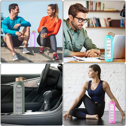 PROBTTL 32 Oz Borosilicate Glass Water Bottle with Time Marker Reminder Quotes, 1 Liter Leak Proof Reusable BPA Free Motivational Water Bottles with Silicone Sleeve and Bamboo Lid (Olive)