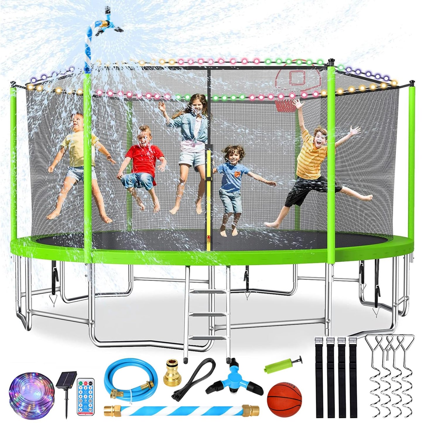 Lyromix 16FT Trampoline, Large Recreational Trampoline for Kids, Outdoor Trampoline with Basketball Hoop and Ladder, Backyard Jumping Trampoline, Capacity for 6-9 Kids and Adults, Grass Green
